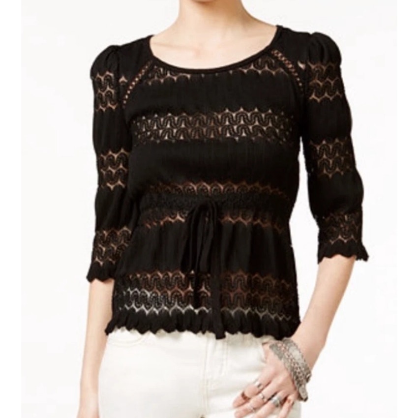 Free People Fire Island Crochet Sheer Tie Top Black Long Sleeve Womens Small